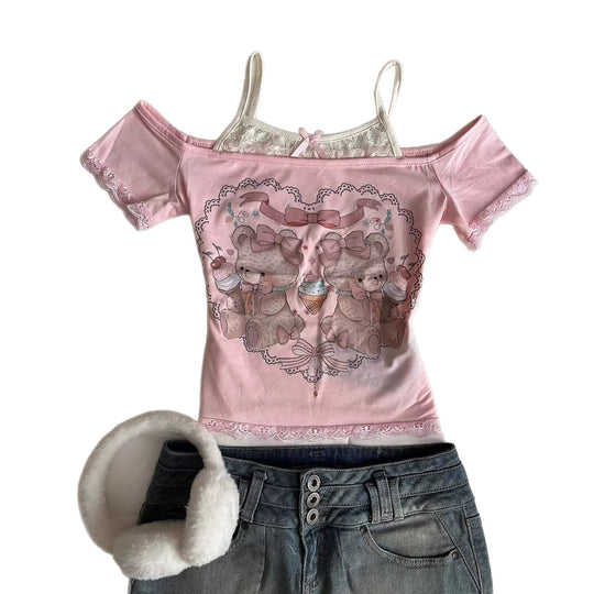 Damen Verspieltes T-Shirt mit Spitzenapplikationen und süßem Bärenmotiv R&B