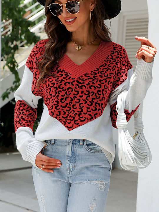Damen Modischer Pullover mit einzigartigem Leopardenmuster und V-Ausschnitt R&B