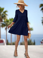 Damen Kurzarm Kleid mit voluminösen Rüschensäumen und schickem V-Ausschnitt R&B