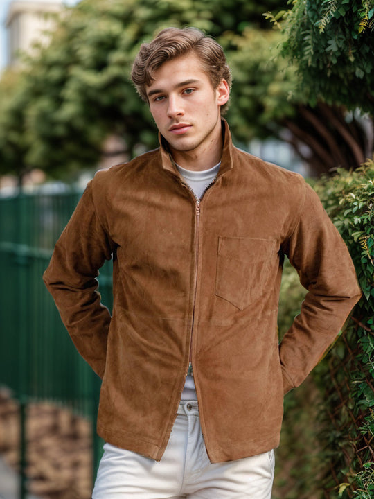 Herren schicke und lässige Wildlederjacke mit Stehkragen R&B