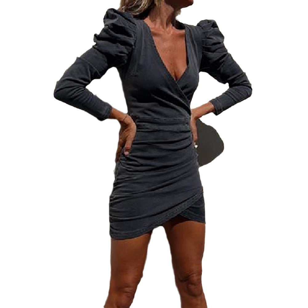 Damen schickes Wickelkleid mit Puffärmeln und Raffung R&B