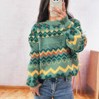 Damen Grobstrickpullover mit buntem Zickzackmuster und floralen Akzenten R&B