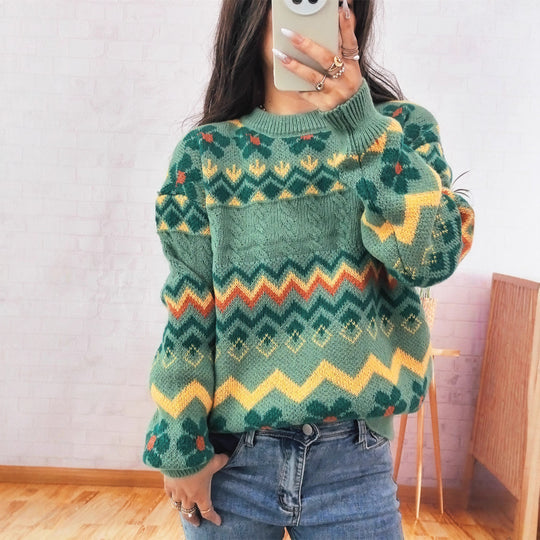 Damen Grobstrickpullover mit buntem Zickzackmuster und floralen Akzenten R&B