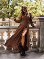 Damen Langärmliges Maxikleid mit Taillengürtel und eleganten Rüschendetails R&B