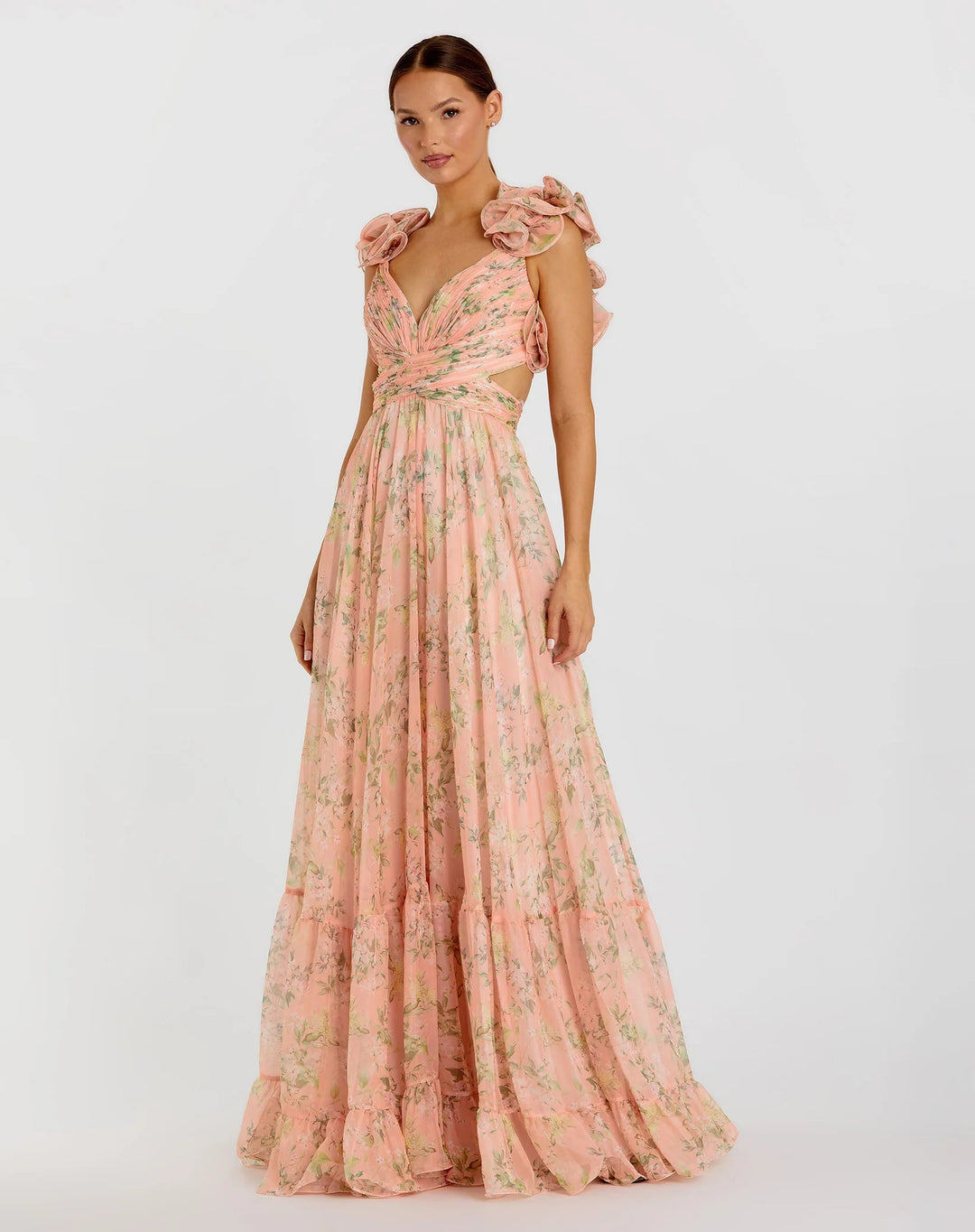 Damen Maxi-Kleid mit floralen Rüschen und schwingendem Design R&B