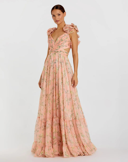 Damen Maxi-Kleid mit floralen Rüschen und schwingendem Design R&B