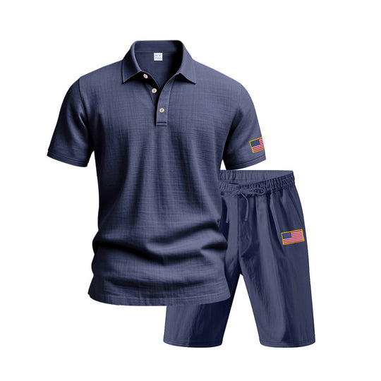 Herren Polo- und Shorts-Set mit gesticktem Länderflaggen-Motiv R&B
