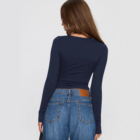 Damen Figurnahes Langarmoberteil mit tiefem V-Ausschnitt und Schnittdetail R&B