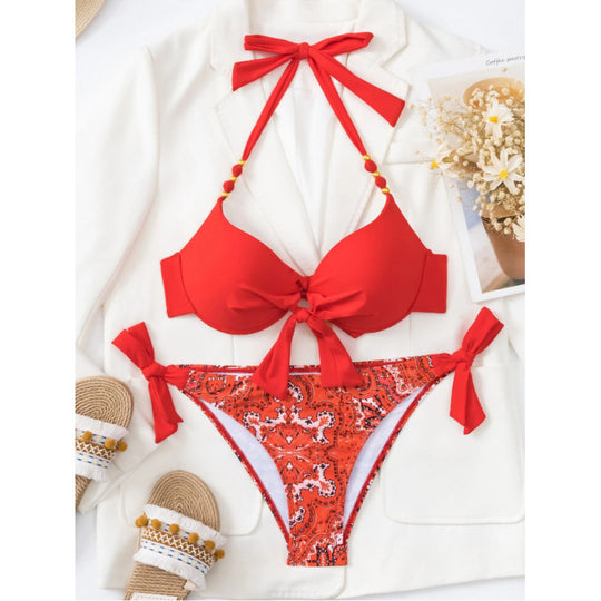 Damen Bikini-Set mit modischen Bindebändern und herausgearbeitetem Muster R&B