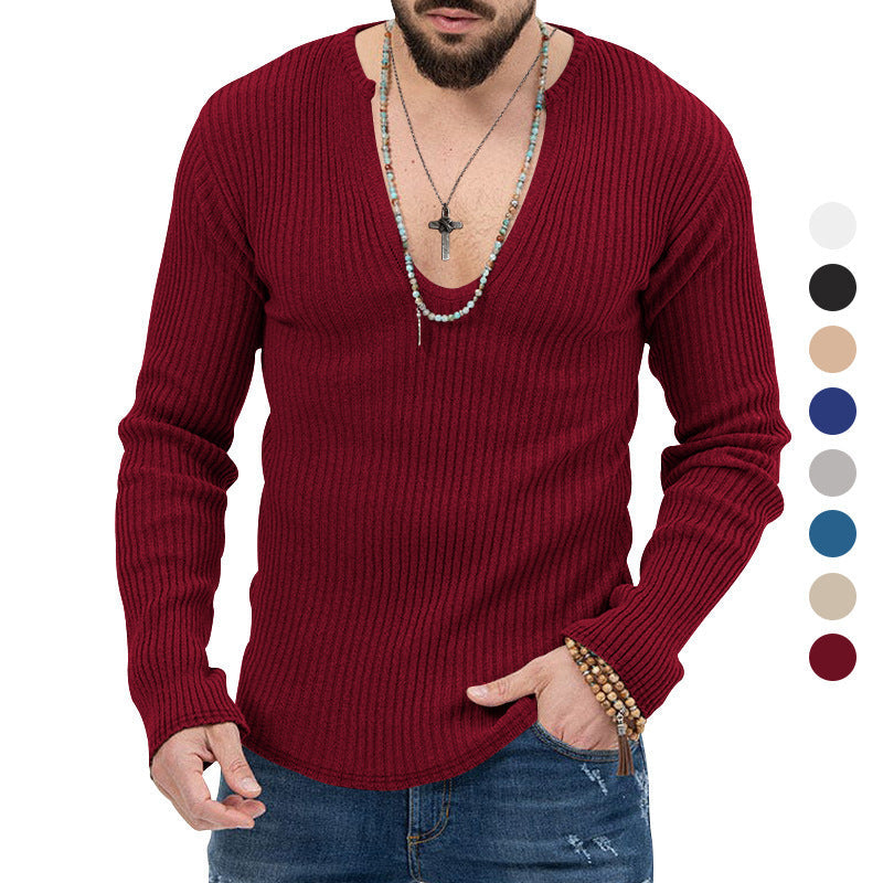 Herren Langarm-Rippenpullover mit tiefem V-Ausschnitt und modernem Schnitt R&B