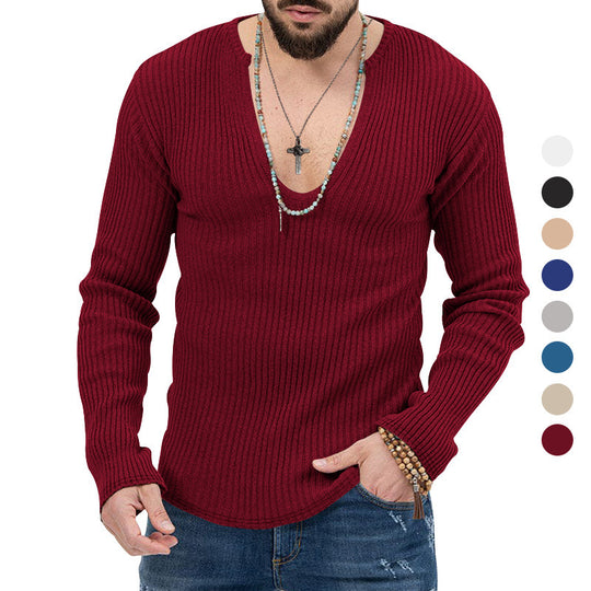Herren Langarm-Rippenpullover mit tiefem V-Ausschnitt und modernem Schnitt R&B