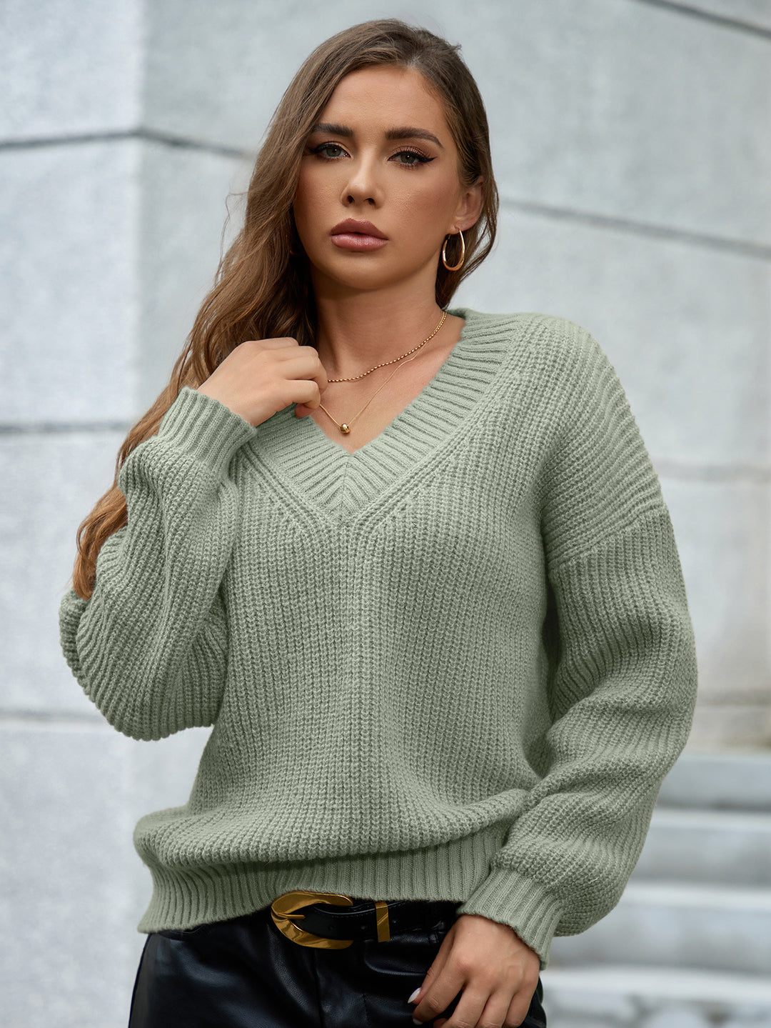 Damen gemütlicher V-Ausschnitt Strickpullover mit lockerem Schnitt und strukturiertem Muster R&B