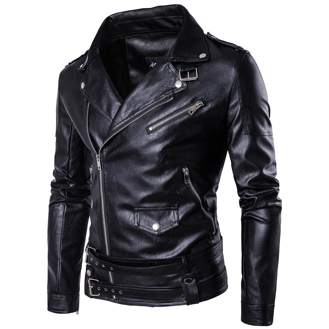 Herren Bikerjacke aus hochwertigem mit asymmetrischem Reißverschluss und dekorativen Schnallen R&B