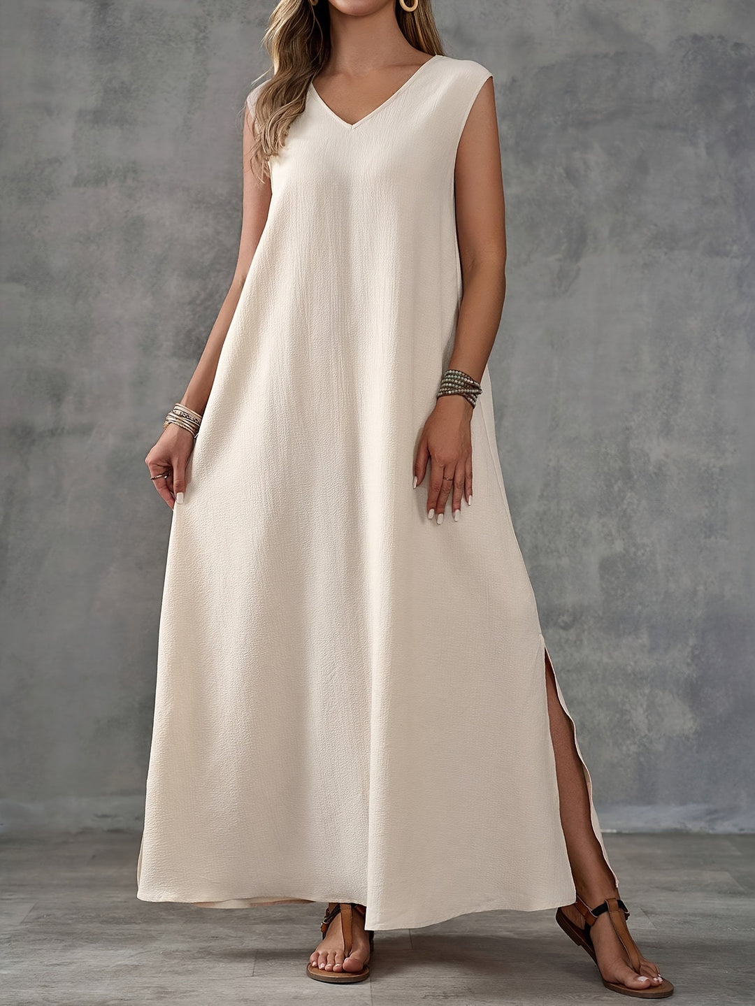 Damen Maxi-Strandkleid mit elegantem V-Ausschnitt und seitlichem Schlitz R&B