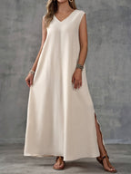 Damen Maxi-Strandkleid mit elegantem V-Ausschnitt und seitlichem Schlitz R&B