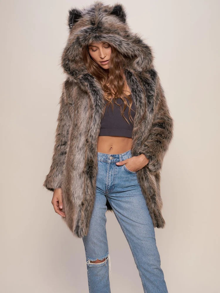Damen Hooded Faux-Fur-Mantel mit Ohrenschützer