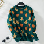 Damen Strickpullover mit strukturiertem Blättermotiv und Rundhalsausschnitt