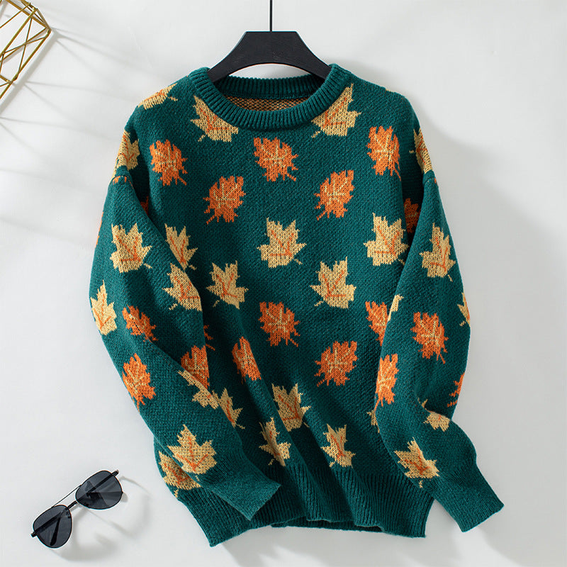 Damen Strickpullover mit strukturiertem Blättermotiv und Rundhalsausschnitt