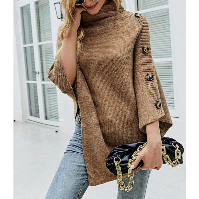 Damen Strick-Poncho mit steigendem Kragen und dekorativen Knopfdetails R&B