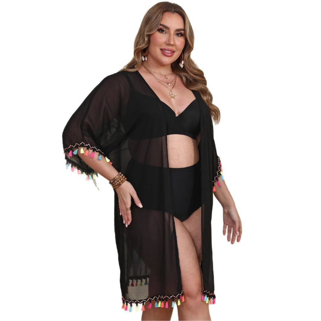 Damen transparenter Strandüberwurf mit buntem Quastenrand R&B