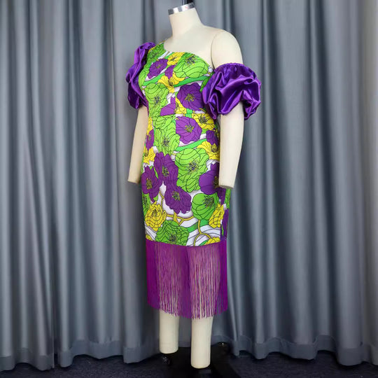 Damen Elegantes Schulterfreies Kleid mit voluminösen Puffärmeln und Fransen R&B