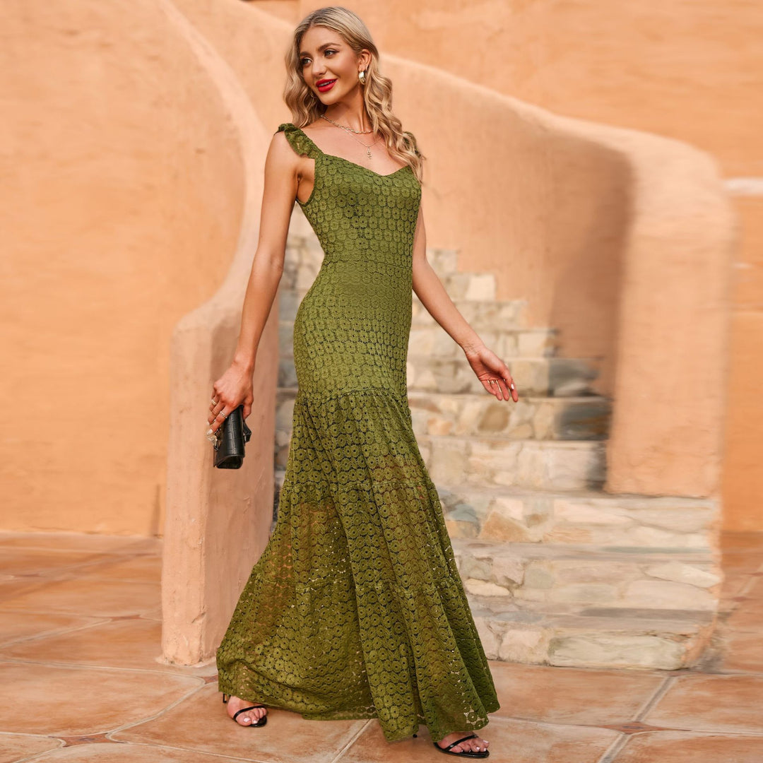Damen Maxikleid mit exquisite Häkelstruktur und fließendem Rock R&B
