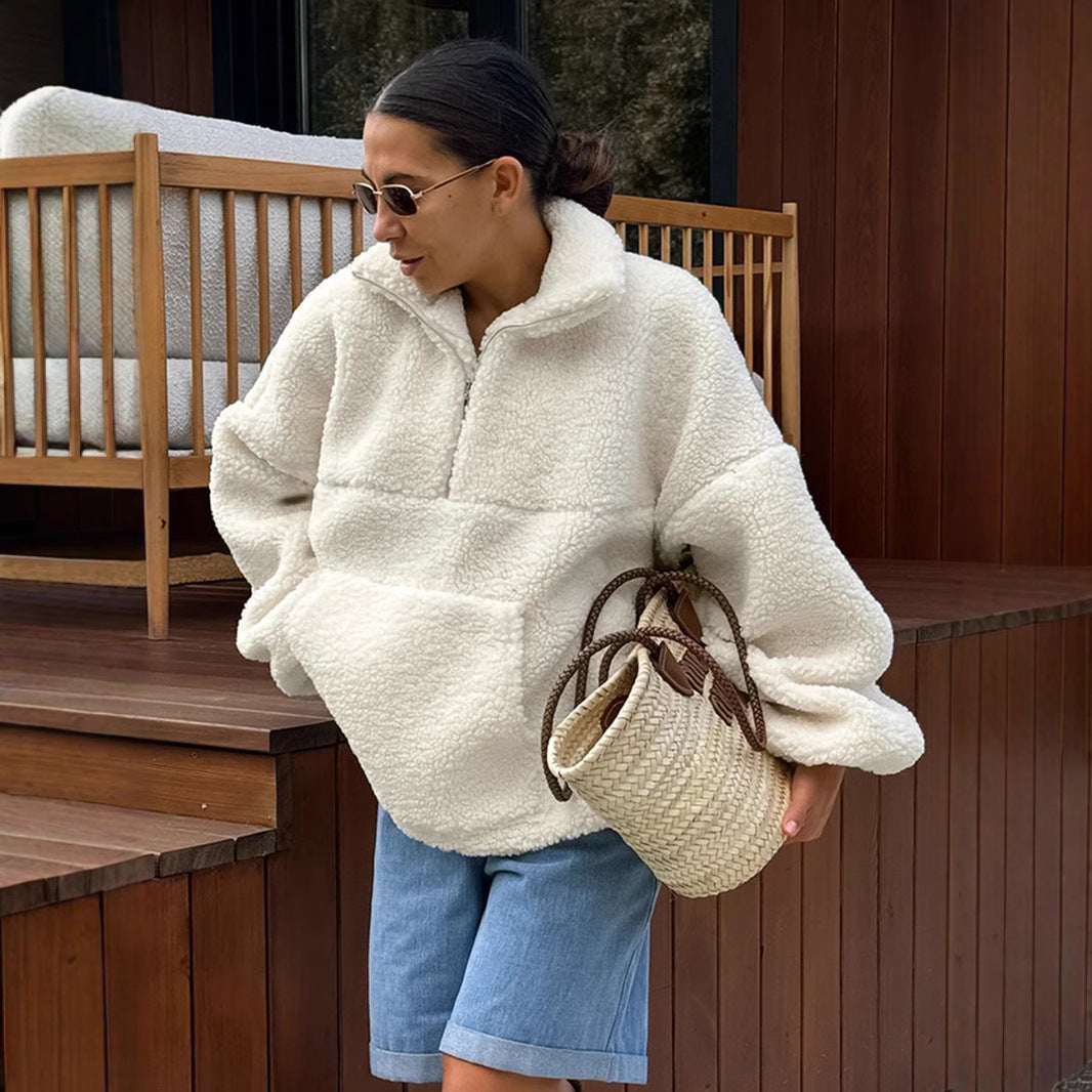 Damen Fleece-Pullover mit hohem Kragen und seitlichen Taschen R&B