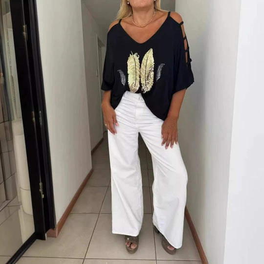 Damen Oversized T-Shirt mit kreativen Cut-Outs und auffälligem Druck Heidi-Mode