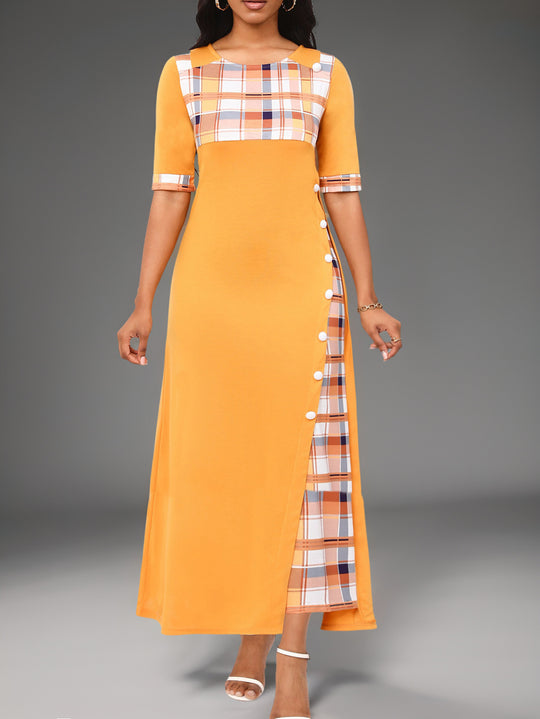 Damen Maxi-Kleid mit modischem Karomuster und geschmackvollen Knopfdetails R&B