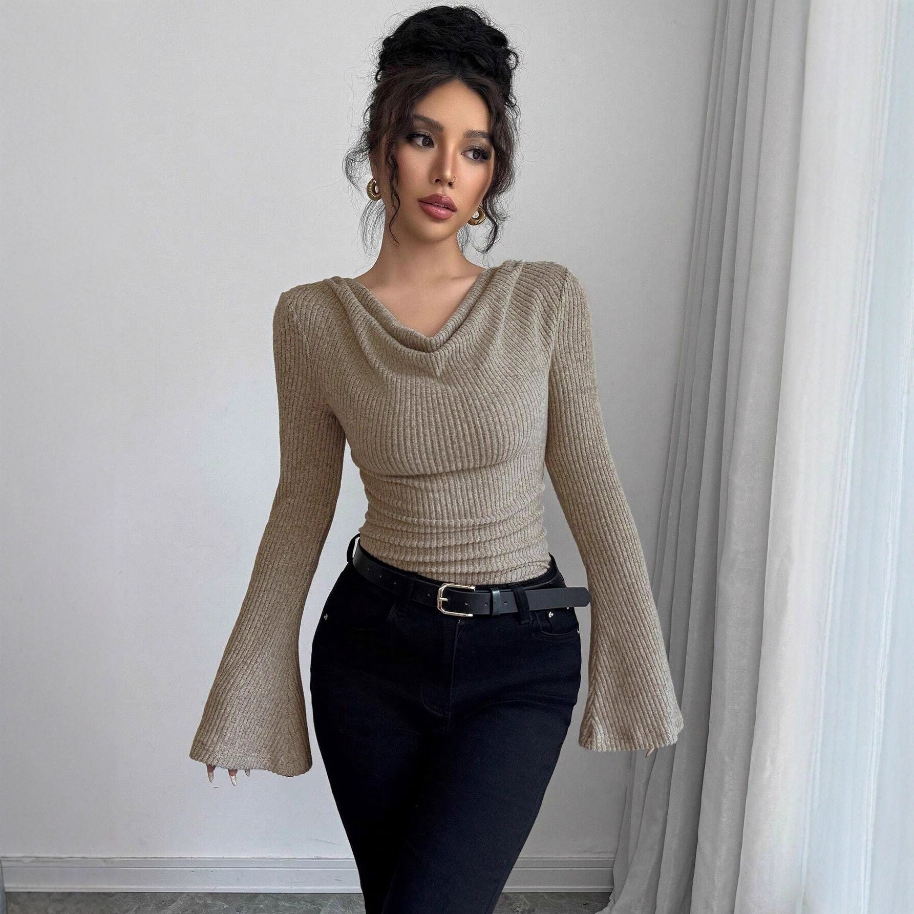 Damen Langarm Shirt mit Rippstruktur und weitem Ärmel R&B