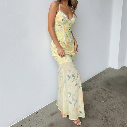 Damen Blumen Maxikleid mit raffinierten Spaghettiträgern und Spitzen-Akzenten R&B