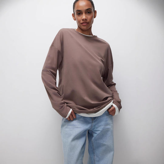 Damen lässiges Jersey-Oberteil mit weit geschnittenen Ärmeln und Rundhalsausschnitt R&B