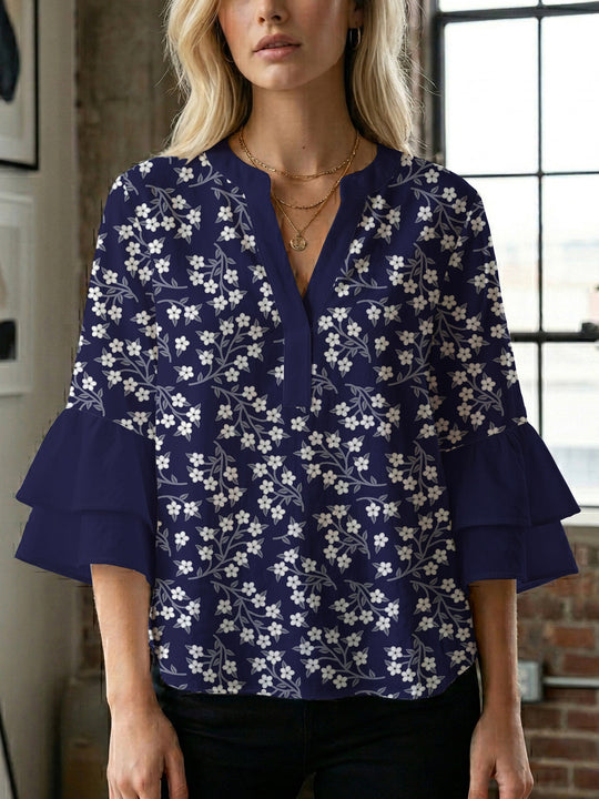 Damen Bluse mit voluminösen Ärmeln und floralem Design R&B