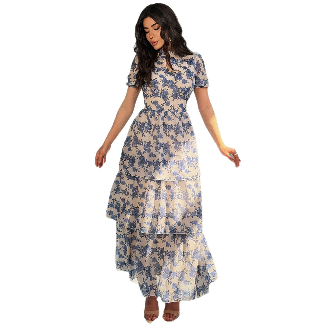 Damen Blumenkleid mit schickem Stehkragen und durchscheinenden Ärmeln R&B