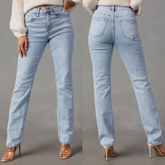 Damen High-Waist Jeans mit lässigem Schnitt und ausgefranstem Saum R&B