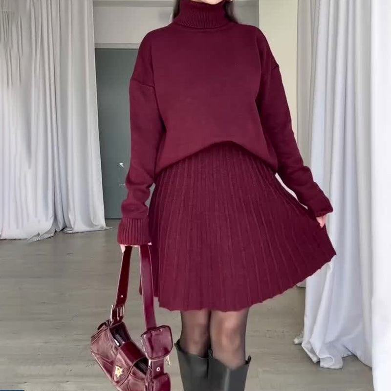 Damen Elegantes Strickensemble mit Rollkragen und fließendem Rock R&B