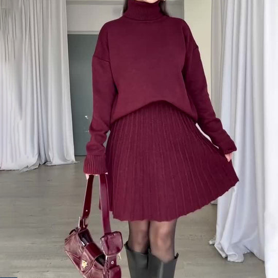 Damen Elegantes Strickensemble mit Rollkragen und fließendem Rock R&B