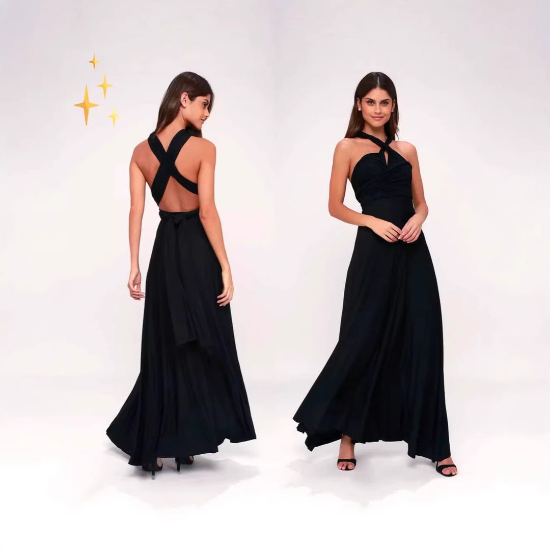Damen elegantes Rundhals-Maxikleid mit variablen Trägeroptionen und fließendem Schnitt R&B