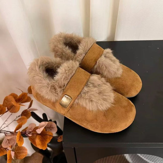 Damen Flauschige Filzhausschuhe mit hochwertigem Kunstfellkragen R&B