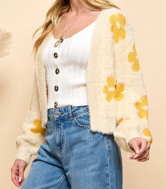 Damen Flauschiger Cardigan mit Blumenmuster R&B