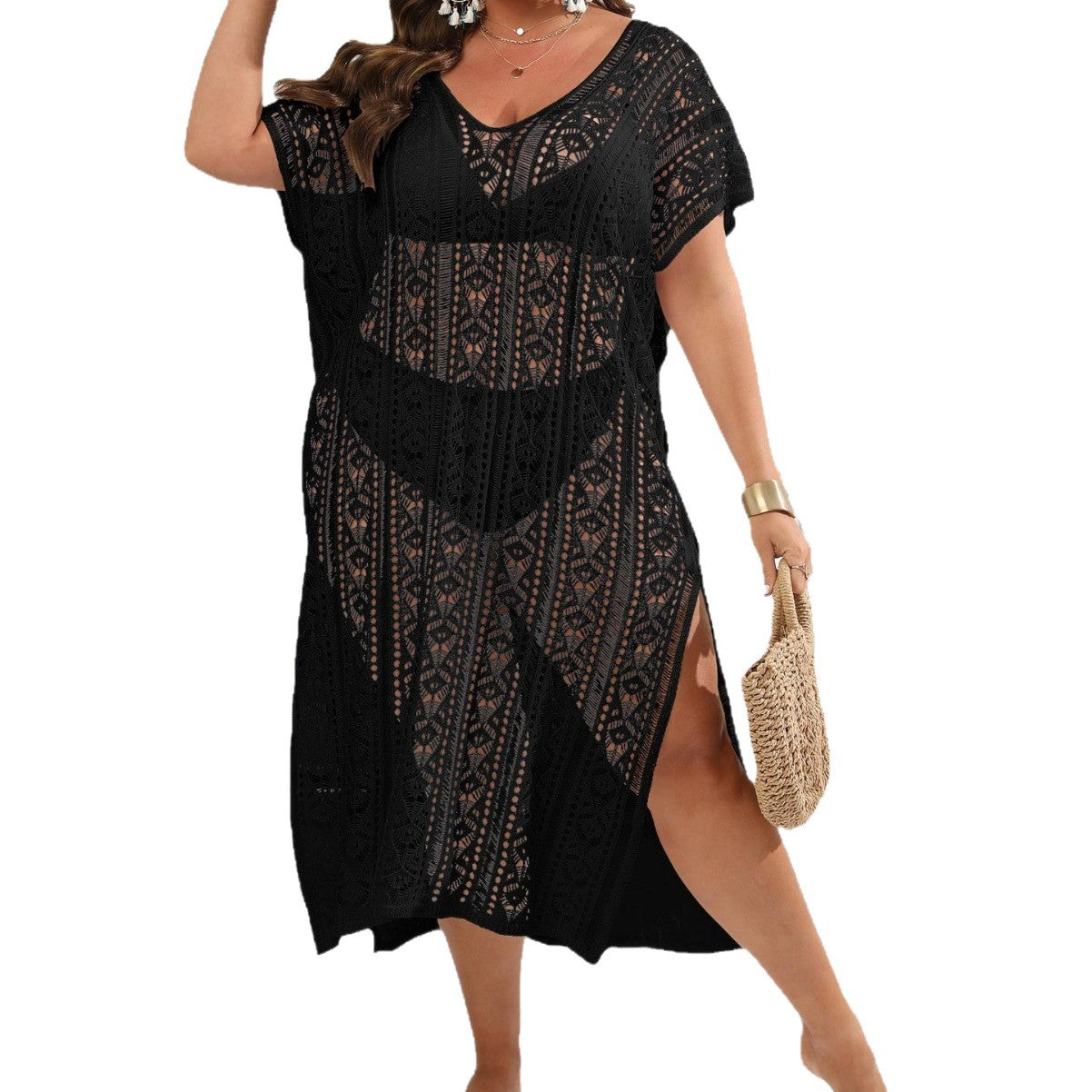 Damen Häkel-Strandkleid mit seitlichem Schlitz und luftiger Struktur R&B