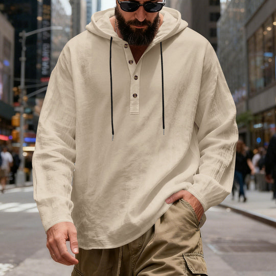 Herren nan leichter Kapuzenshirt mit Knopfleiste aus Leinenmischung und entspanntem Schnitt R&B