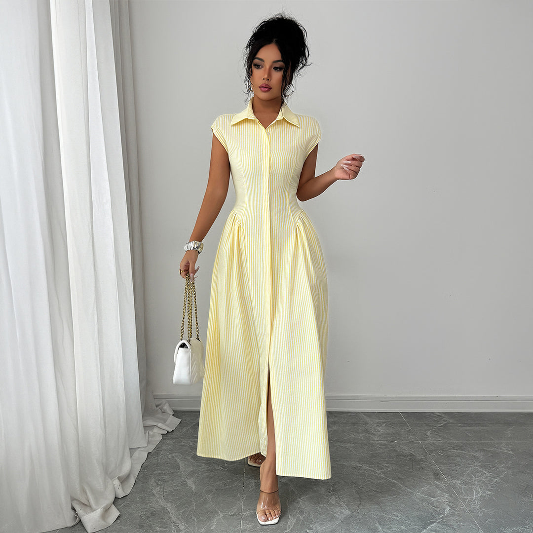 Damen Maxikleid mit klassischem Hemdblusen-Design und eleganten Falten R&B