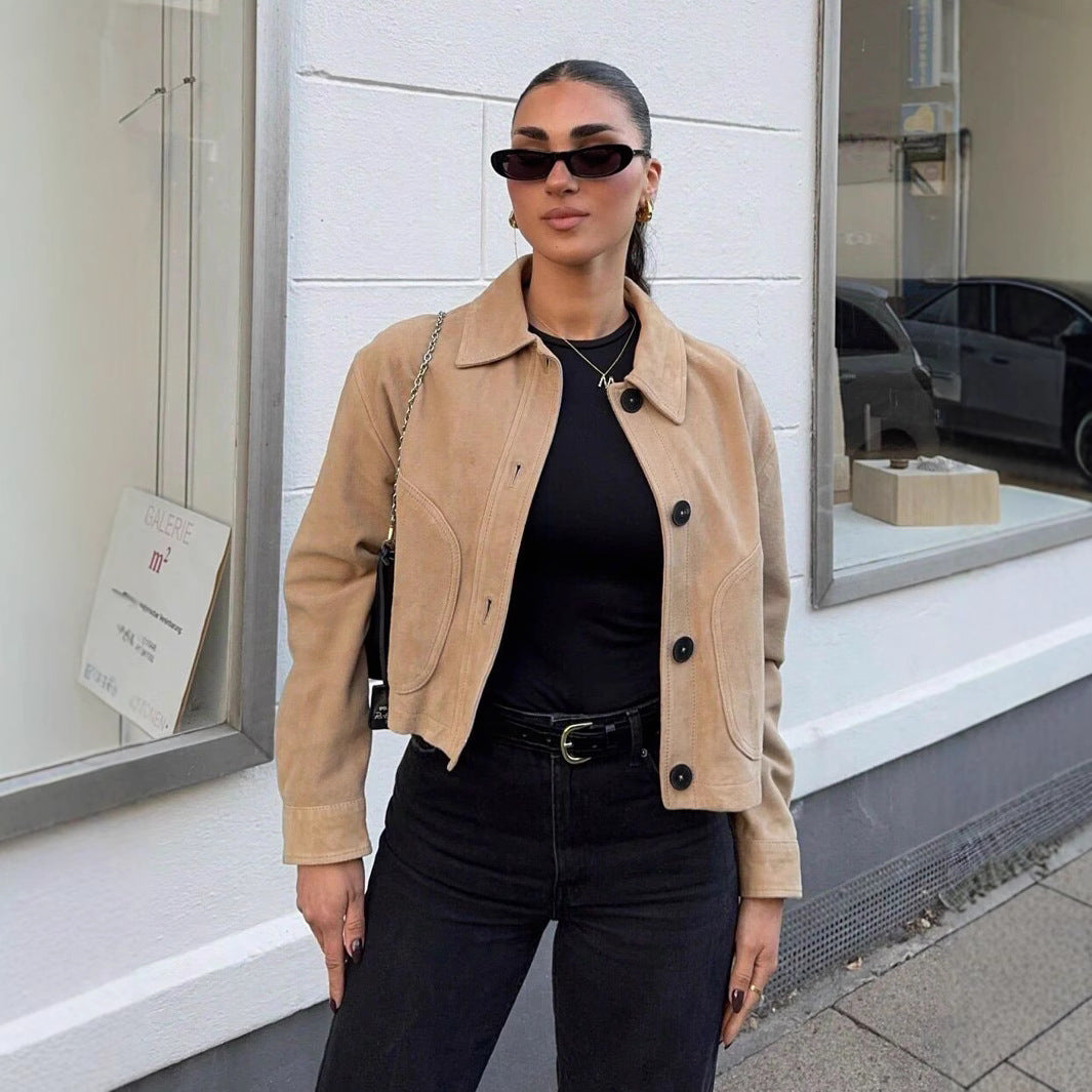 Damen cropped Jacke aus weichem Kunstleder mit seitlichen Eingrifftaschen R&B