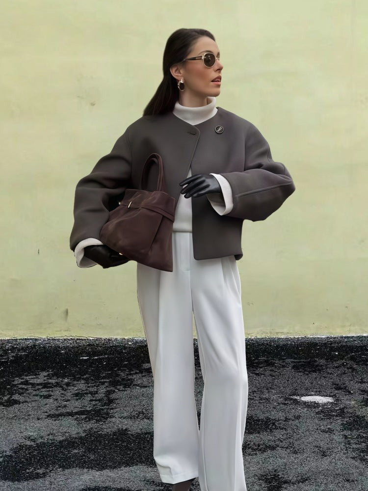 Damen Wickeljacke mit weiten Ärmeln und dekorativem Knopf R&B