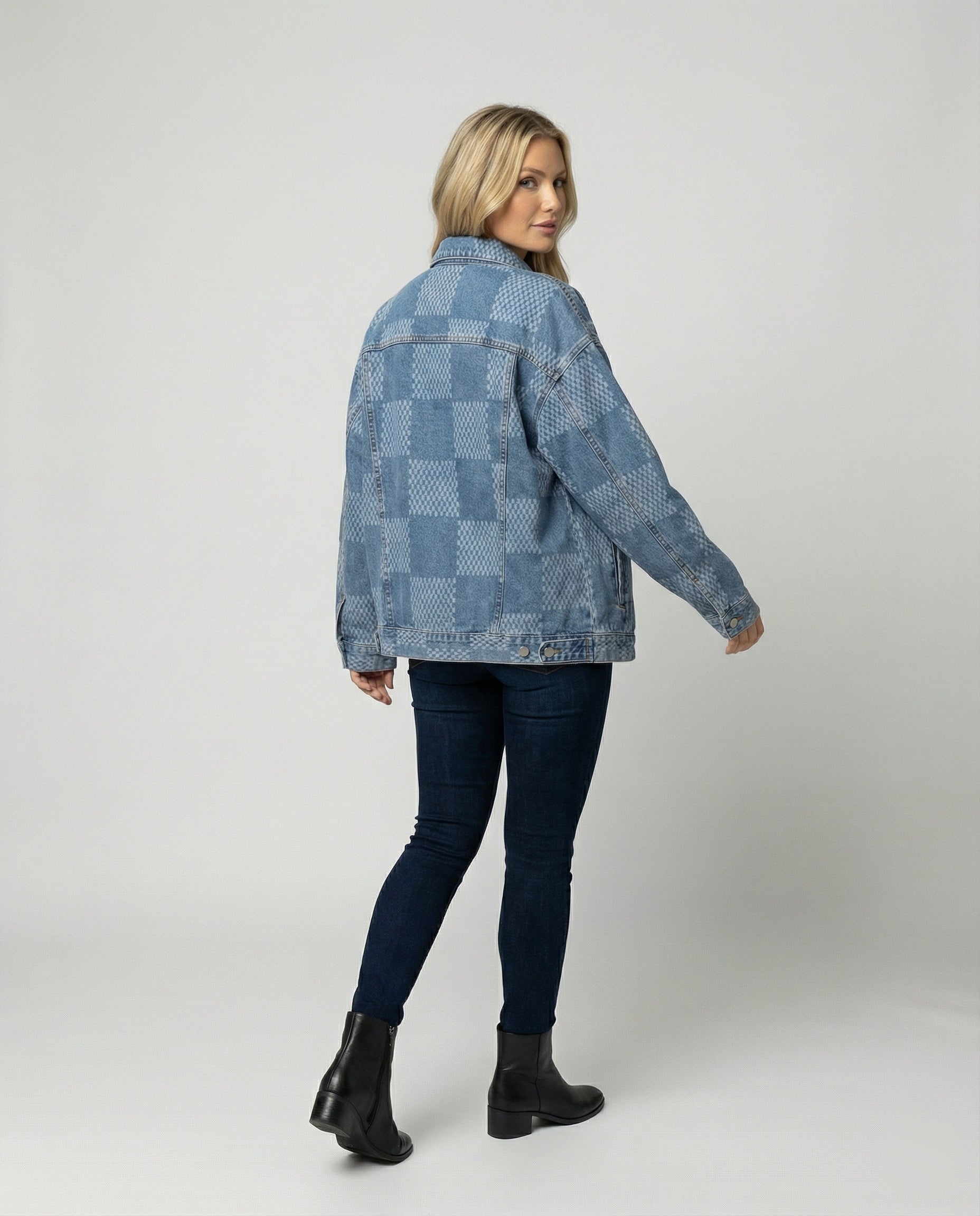 Damen Jeansjacke im Schachbrettmuster mit weit geschnittener Passform und urbaner Optik R&B