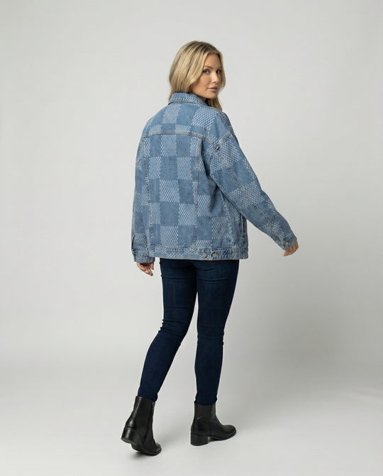 Damen Jeansjacke im Schachbrettmuster mit weit geschnittener Passform und urbaner Optik R&B