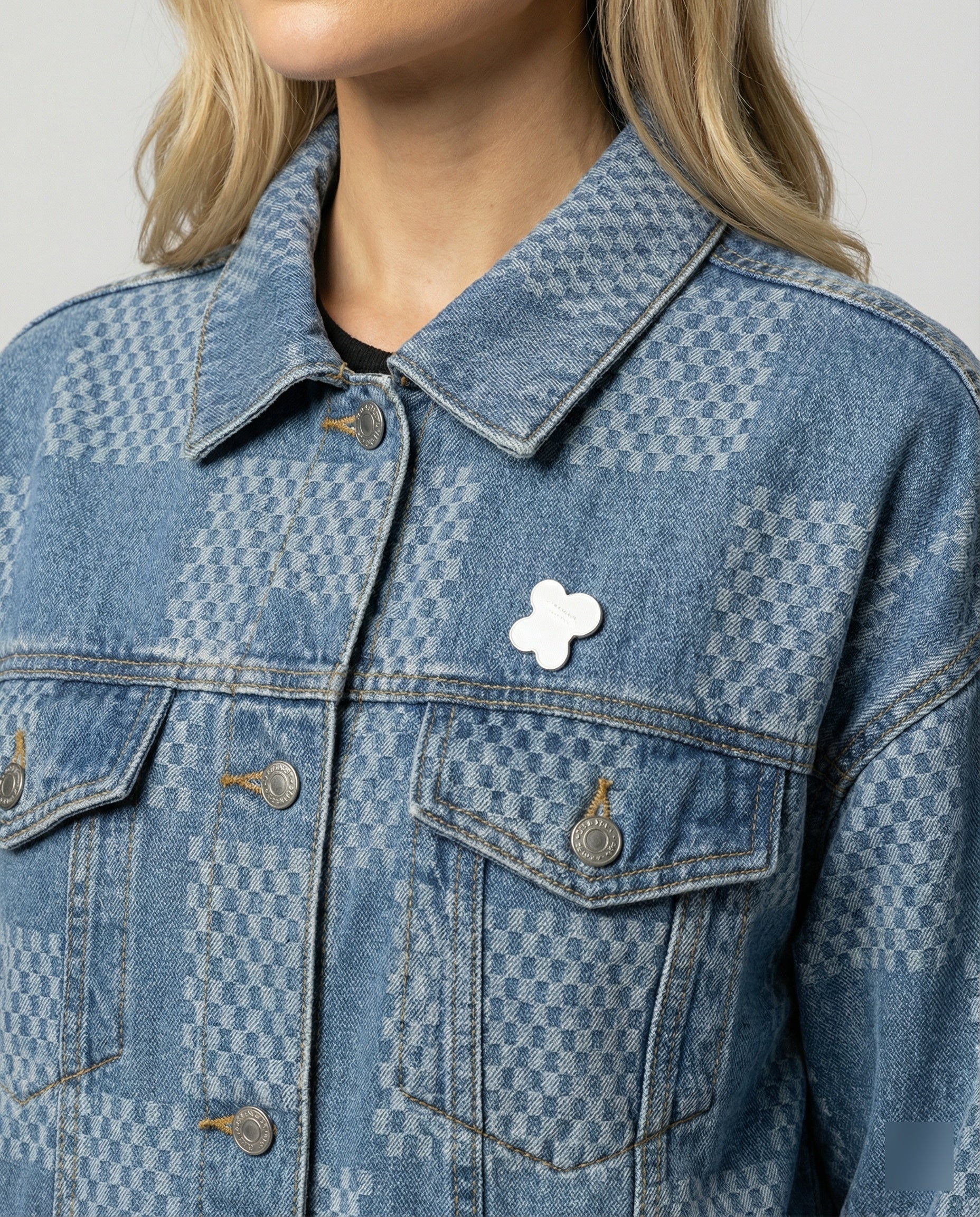 Damen Jeansjacke im Schachbrettmuster mit weit geschnittener Passform und urbaner Optik R&B
