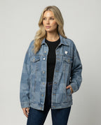 Damen Jeansjacke im Schachbrettmuster mit weit geschnittener Passform und urbaner Optik R&B