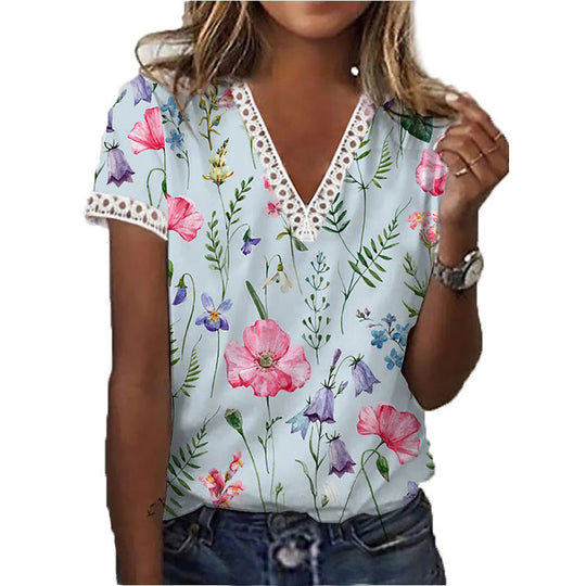 R&B | Elegantes T-Shirt mit Kurzen Ärmeln und V-Ausschnitt Print für Damen